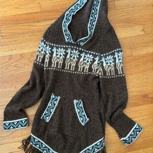 handmade brown alpaca wool sweater hoodie with an alpaca pattern and fringe